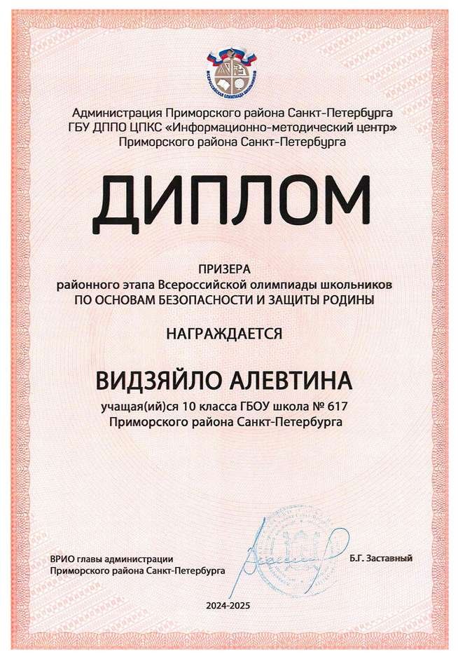 2024-2025 Видзяйло Алевтина 10м ОБЗР (Никулина С.В.)